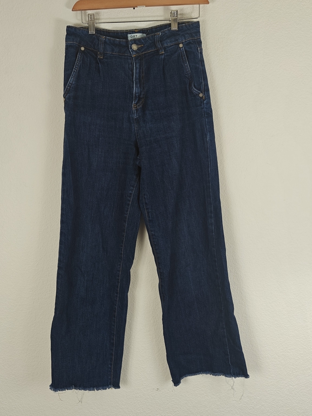 OAT New York Dark High Rise Wide Leg Crop Jeans Modern Minimalist Raw Hem 28